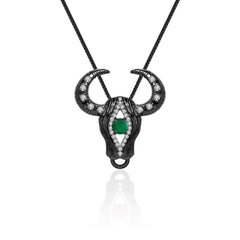 Dark Retro Design Oxhead Inlaid Natural Gemstone Pendant Silver Necklace for Women