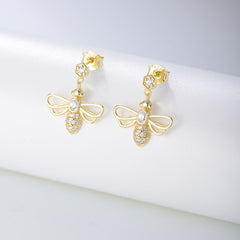 Hollow-out Zircon Bee Silver Drop Earrings for Women