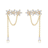 Zircon Flower with Pearl Tassel Silver Drop Earrings for Women