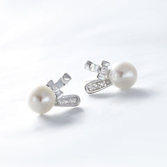 Freshwater Pearl Cute Rabbit with Zircon Silver Stud Earrings for Women
