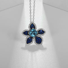 Natural Wind Series Design Inlaid Natural Colourful Gemstones Flower Pendant Silver Necklace for Women
