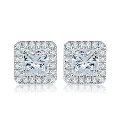Princess Cut Zircon Soleste Halo Silver Studs Earrings for Women