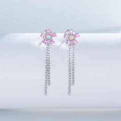 Pink Zircon Flowers Tassel Silver Drop Earrings for Women