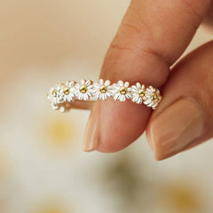 Row of Sweet Little Daisy Opening Sterling Silver Ring