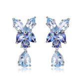 European Retro Natural Topaz Flower with Pear Drop Silver Drop Earrings for Women