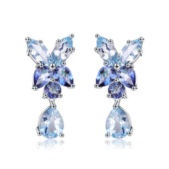 European Retro Natural Topaz Flower with Pear Drop Silver Drop Earrings for Women