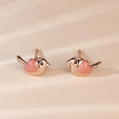 Small Bird with Pink Opal Stone Silver Studs Earrings for Women