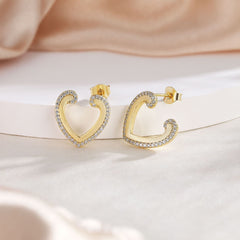 Golden Sandblasting Zircon Hollow Heart Shaped Sterling Silver Stud Earrings