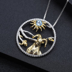 Chinese Style Element Design Zodiac Series Goat Natural Gemstone Pendant Silver Necklace for Women