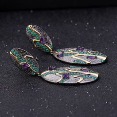 Italian Style Inlaid Natural Amethyst Tree Oval Shape Silver Drop Earrings for Women