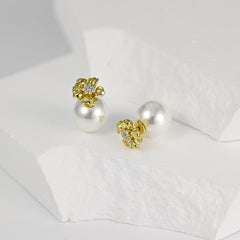 Flower with Zircon Round Pearl Silver Studs Earrings for Women