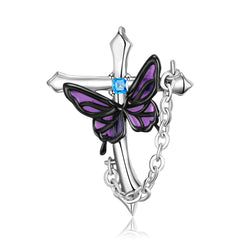Purple Butterfly Cross Pendant Silver Necklace