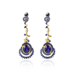 European Blue Corundum Moonstar Oval Shape Silver Drop Earrings for Women