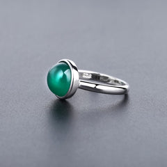 European Green Agate Solitaire Round Shape Silver Ring for Women