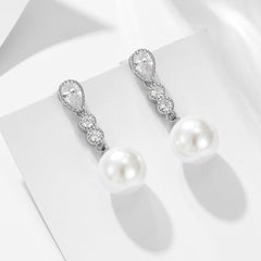 Long Style Zircon Round Pearl Sterling Silver Drop Earrings