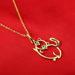Green Zircon Hollow Cat Pendant Silver Necklace for Women