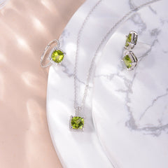 Soleste Halo Square Natural Olivine Silver Ring