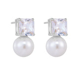 Round Pearl Pendant Princess Cut Zircon Sterling Silver Drop Earrings