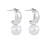 C Shaped Round Pearl Sterling Silver Drop Earrings