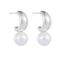 C Shaped Round Pearl Sterling Silver Drop Earrings