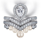 Pear Drop Zircon Soleste Halo with Pearl V-shape Silver Ring Set