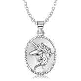 Unicorn Relief Oval Pendant Silver Necklace