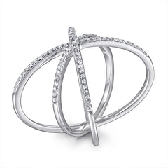 Exaggerated Zircon Three Rings Cross Silver Ring for Women
