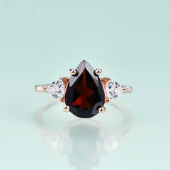 Pear Shape Natural Garnet Rose Gold Silver Ring