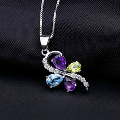 Colourful Mardi Gras-Gemstone Creative Four-leaf Clover Pendant Silver Necklace for Women