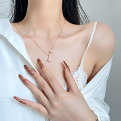 Two Zircon Octagonal Stars Silver Necklace for Women