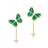Malachite Butterfly Tassel Zircon Combination Sterling Silver Drop Earrings