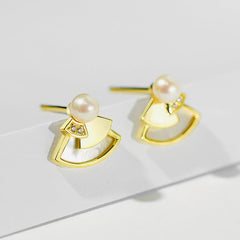 Mother of Pearl Fan Design Pearl Zircon Sterling Silver Stud Earrings
