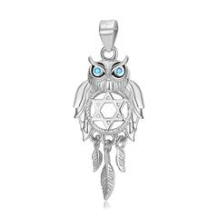 Owl hollow Dream Catcher with blue Zircon Silver Pendant
