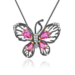 Luxury Butterfly Natural Colourful Gemstone Pendant Silver Necklace for Women