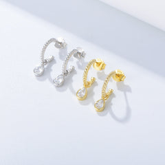 Water Drop Zircon C-shaped Silver Drop Earrings for Women