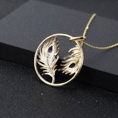 Personalized Design Natural Amethyst Gold Colour Feather Pendant Silver Necklace for Women