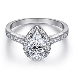 Pear Drop Zircon Soleste Halo with V-shaped Silver Ring Set
