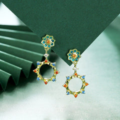 Lotus Pattern Series Enamel with Colourful Zircon Hollow Circle Silver Drop Earrings for Women