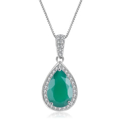 European Design Inlaid Natural Green Agate Soleste Halo Pear Drop Pendant Silver Necklace for Women
