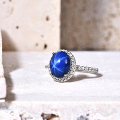 Luxury Six Ray Star Inlaid Red and Sapphire Oval Shape Jewelry S925 Silver Ring for Women