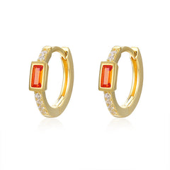 Emerald Cut Red Zircon Silver Hoop Earrings for Women