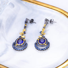 European Blue Corundum Moonstar Oval Shape Silver Drop Earrings for Women