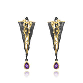 Italian Design Inlaid Natural Amethyst Geometric Triangle Silver Drop Earrings for Women