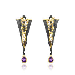 Italian Design Inlaid Natural Amethyst Geometric Triangle Silver Drop Earrings for Women