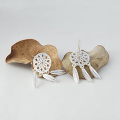 Feather Grid Dream Catcher Polished Sterling Silver Drop Earrings