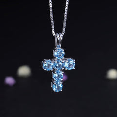 European Luxury Fashion Style Inlaid Natural Topaz Cross Pendant Silver Necklace for Women