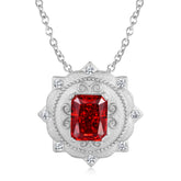 Palace Style Carved Round Pendant Rectangle Red Zircon Silver Necklace