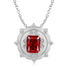 Palace Style Carved Round Pendant Rectangle Red Zircon Silver Necklace