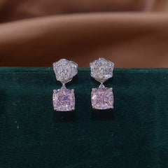 Square Pink Zircon Camellia Drop Earrings