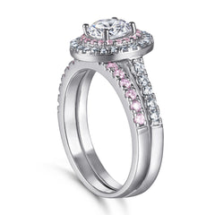 Round Zircon Double Soleste Halo with Half Eternity Pink Zircon Silver Ring Set